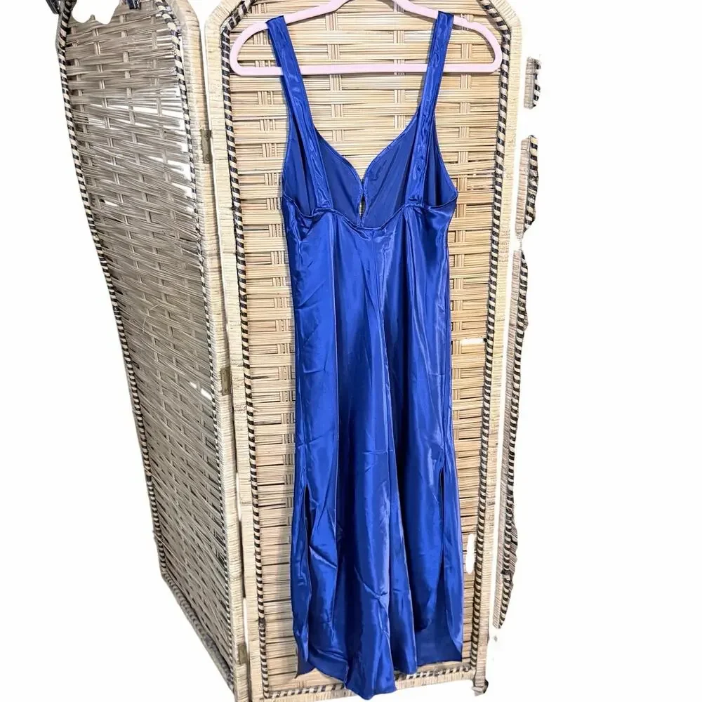 Vintage California dynasty royal blue satin long slip night gown frog button M